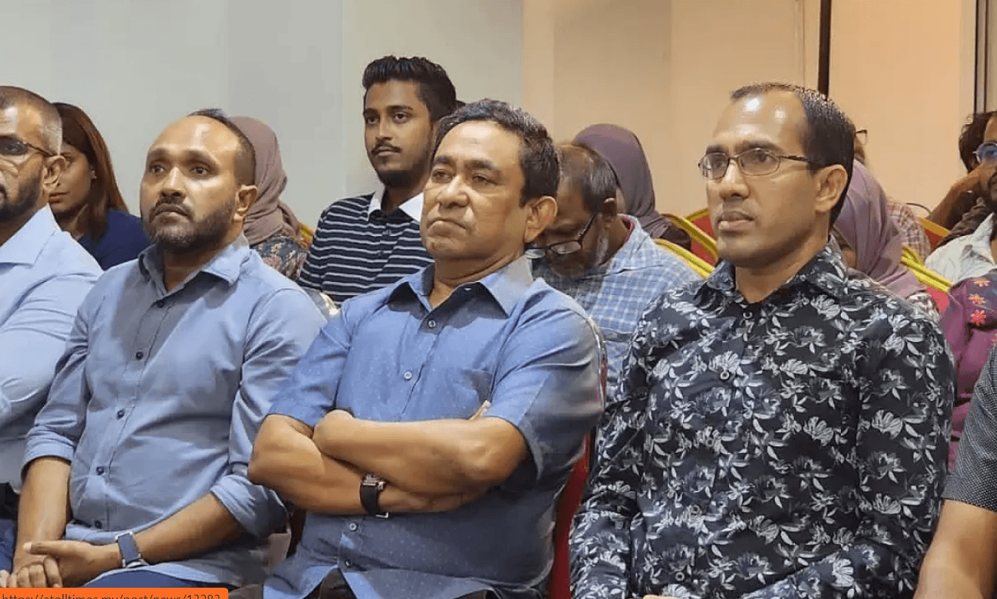 Former President Abdulla Yameen attends his party rally alongside supporters