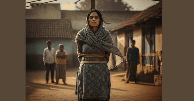 އިންޑިއާގައި މުސްލިމު އަންހެނަކު ތަނބެއްގައި ބަނދެ، މަޖުބޫރުން ރަލާއި ކުޑަކަމުދާ ތަކެތި ބޯންދީ މަރާލައިފި