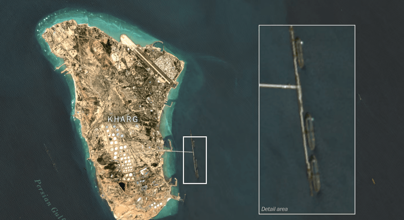 އީރާނުގެ ތެލުގެ މައި މަރުކަޒު  ހާރްގް އައިލެންޑް ގައި ތެޔޮ ބަރުކުރާ ޓޭންކަރުތައް ފެންނަ ސެޓެލައިޓް ފޮޓޯ، ފޮޓޯ: ވޮޝިންޓަން ޕޯސްޓް